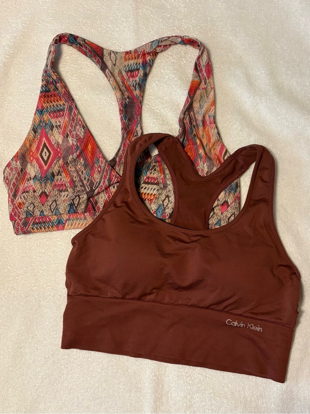Calvin Klein Brown Racerback Sports Bra with Multicolor Patterned Bra